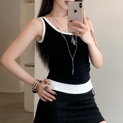 Mock Two-Piece Two Tone Scoop Neck Crop Tank Top