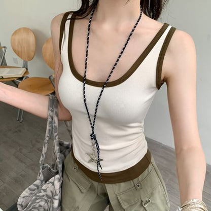 Mock Two-Piece Two Tone Scoop Neck Crop Tank Top