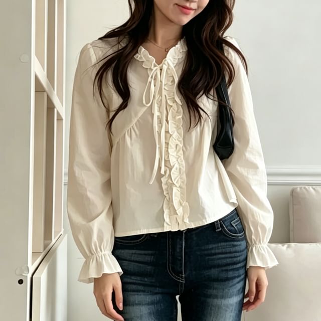 V-Neck Frill Button Blouse