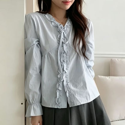 V-Neck Frill Button Blouse