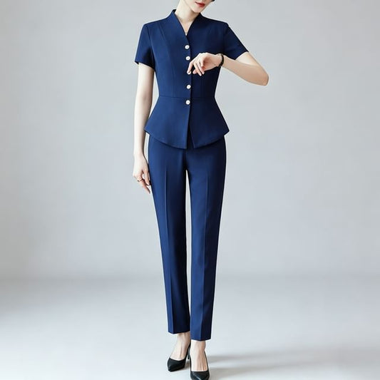 Short-Sleeve Plain Button-Up Blazer / High Waist Mini Pencil Skirt / Mid Rise Straight Leg Dress Pants / Set