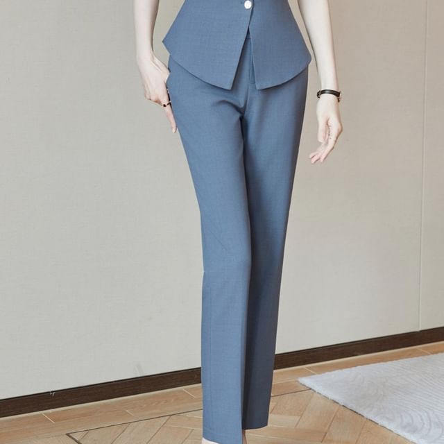 Short-Sleeve Plain Button-Up Blazer / High Waist Mini Pencil Skirt / Mid Rise Straight Leg Dress Pants