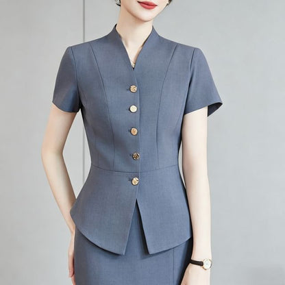 Short-Sleeve Plain Button-Up Blazer / High Waist Mini Pencil Skirt / Mid Rise Straight Leg Dress Pants