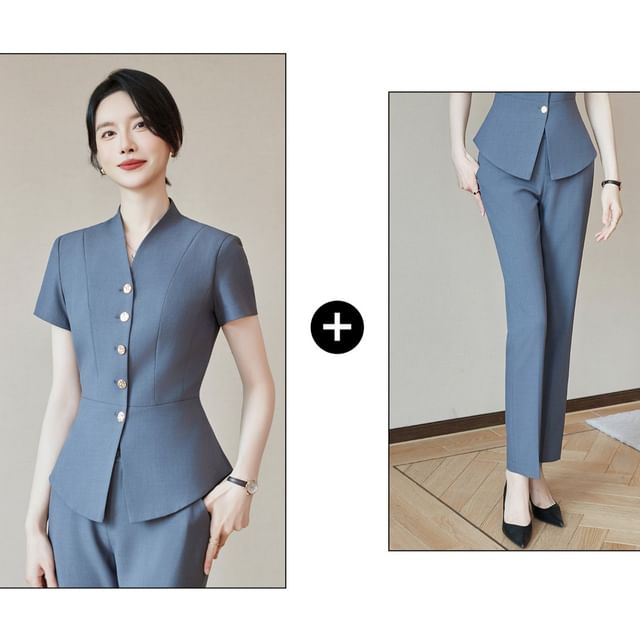 Short-Sleeve Plain Button-Up Blazer / High Waist Mini Pencil Skirt / Mid Rise Straight Leg Dress Pants / Set