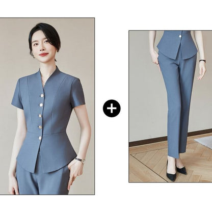 Short-Sleeve Plain Button-Up Blazer / High Waist Mini Pencil Skirt / Mid Rise Straight Leg Dress Pants / Set