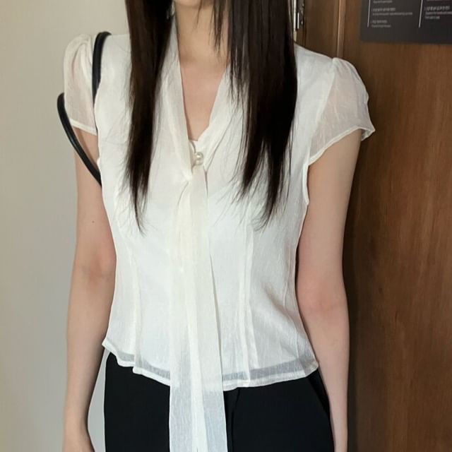 Scarf Neck Button Crop Blouse