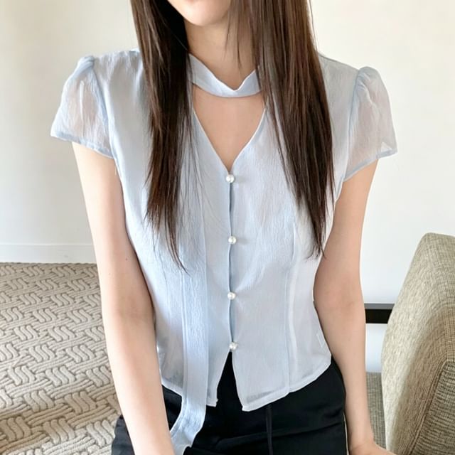 Scarf Neck Button Crop Blouse
