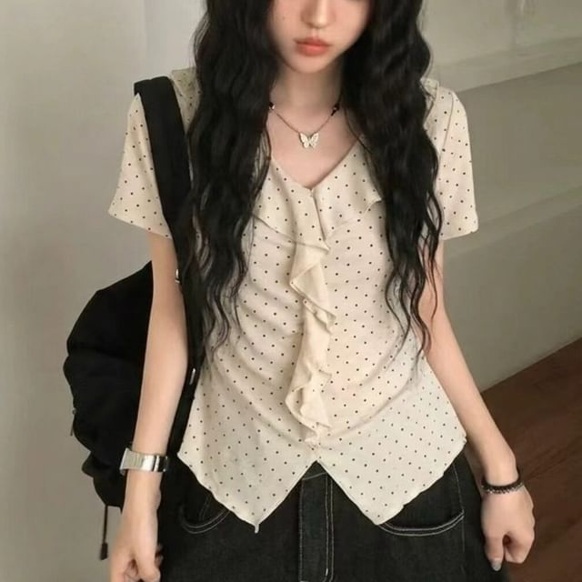 Micro Dot Ruffle Trim Tee