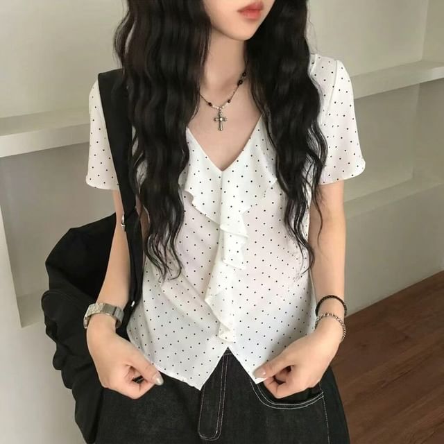 Micro Dot Ruffle Trim Tee