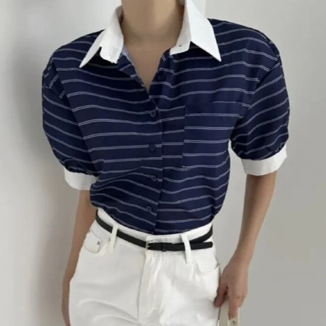 Striped Contrast Button Blouse