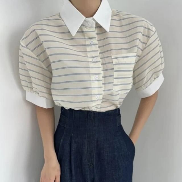 Striped Contrast Button Blouse