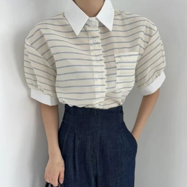 Striped Contrast Button Blouse