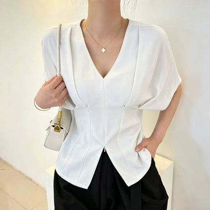 V-Neck Zip Slit Blouse