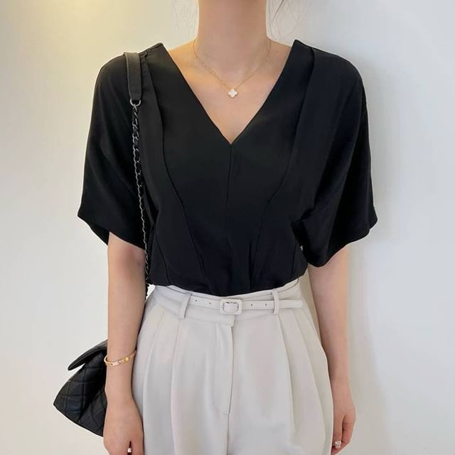 V-Neck Zip Slit Blouse