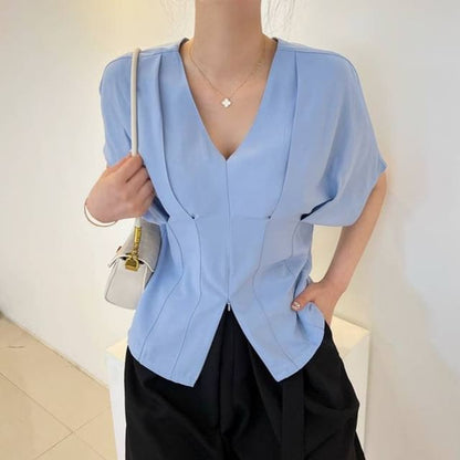 V-Neck Zip Slit Blouse