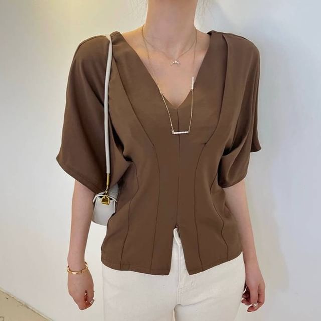 V-Neck Zip Slit Blouse