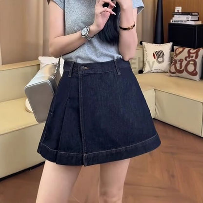 Mid Rise Denim Wrap Mini A-Line Skirt