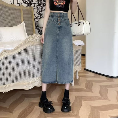 High Waist Washed Denim Midi A-Line Skirt