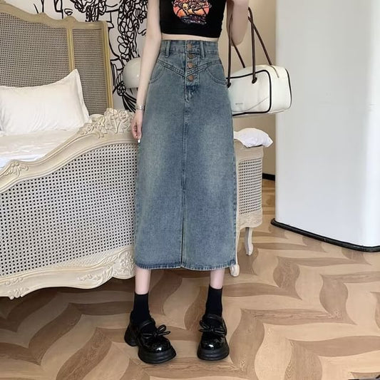 High Waist Washed Denim Midi A-Line Skirt