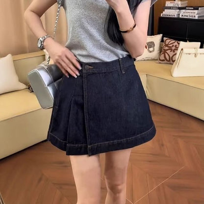 Mid Rise Denim Wrap Mini A-Line Skirt
