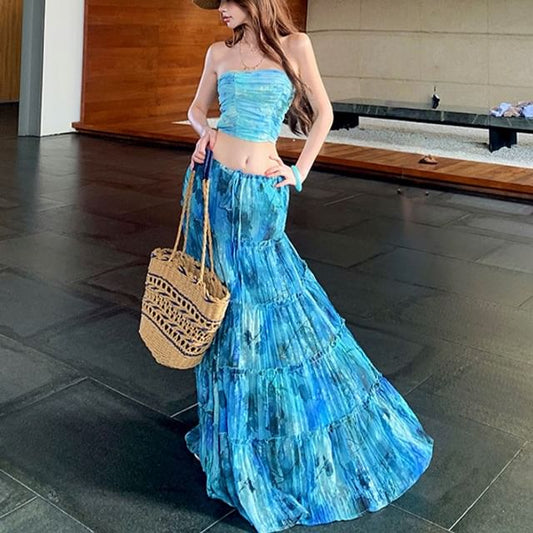 Tie Dye Ruched Crop Tube Top / Drawstring Waist Frill Trim Maxi A-Line Skirt