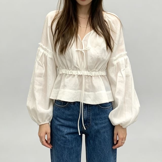 V-Neck Frill Tie Front Blouse