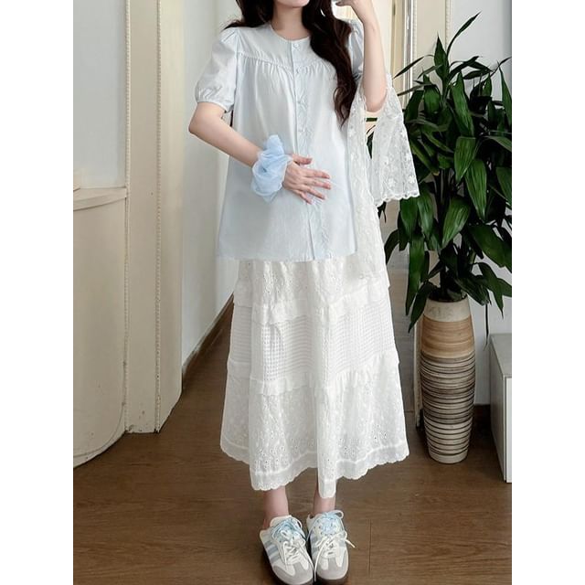 Maternity Blouse with Lace Scarf and Skirt Set