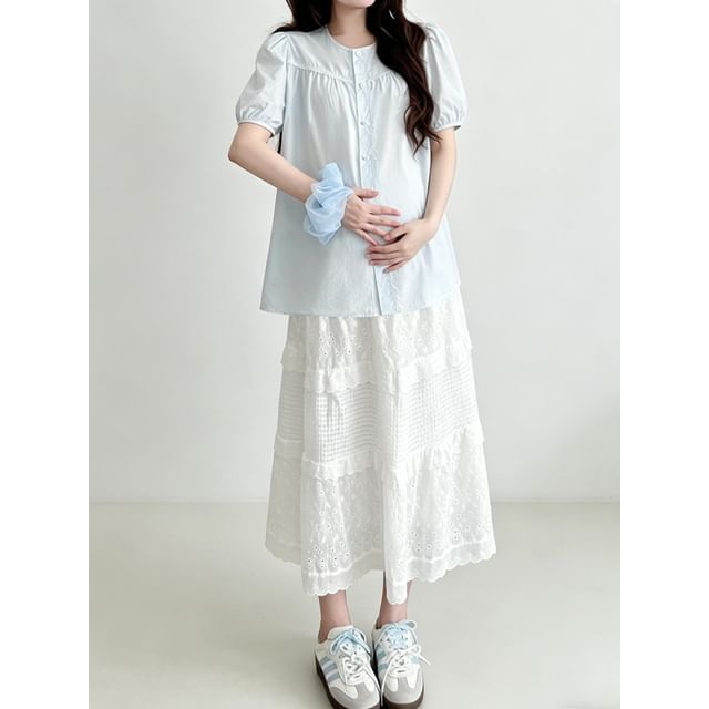 Maternity Blouse with Lace Scarf and Skirt Set