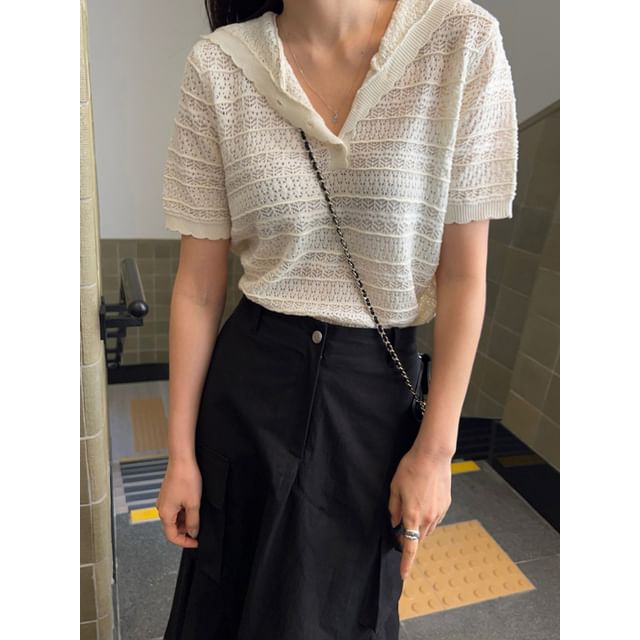 Perforated Knit Hoodie with Short Sleeves