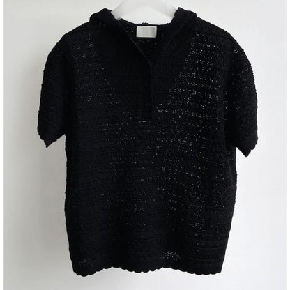 Perforated Knit Hoodie with Short Sleeves