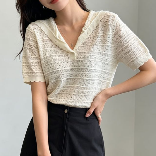 Perforated Knit Hoodie with Short Sleeves