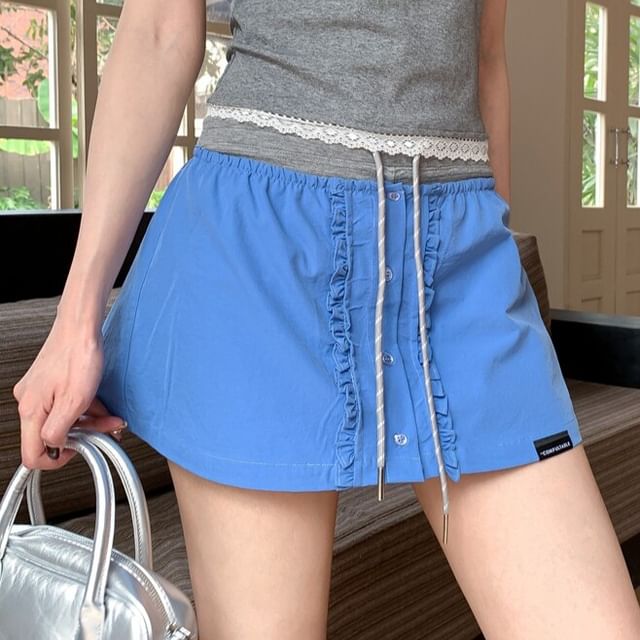 Drawstring Waist Two Tone Ruffle Trim Mini A-Line Skirt