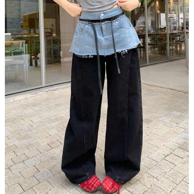 High Waist Skirt Overlay Baggy Jeans