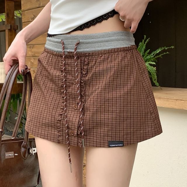 Drawstring Waist Two Tone Ruffle Trim Mini A-Line Skirt