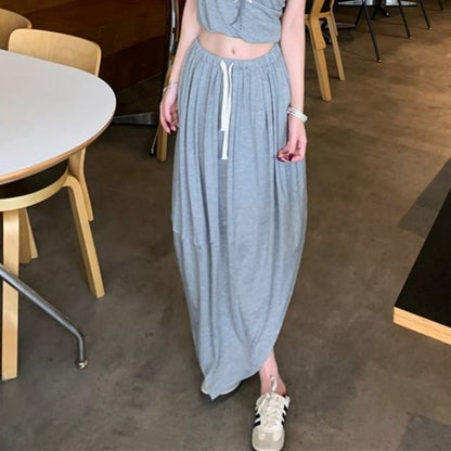 Sleeveless Cold Shoulder Plain Crop Top / Mid Rise Plain Slit Maxi A-Line Skirt