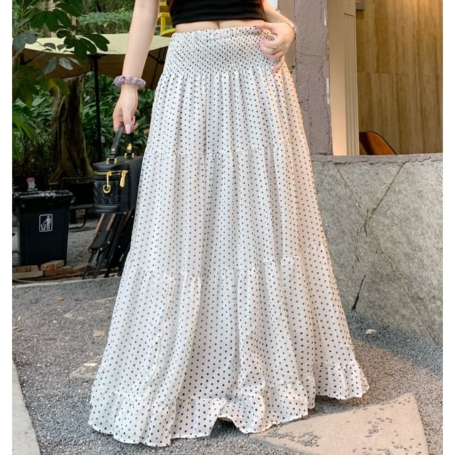 Mid Rise Dotted Ruched Maxi A-Line Skirt