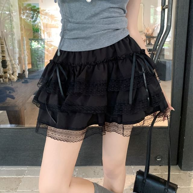 Elastic Waist Plain Lace Trim Mini A-Line Tiered Skirt