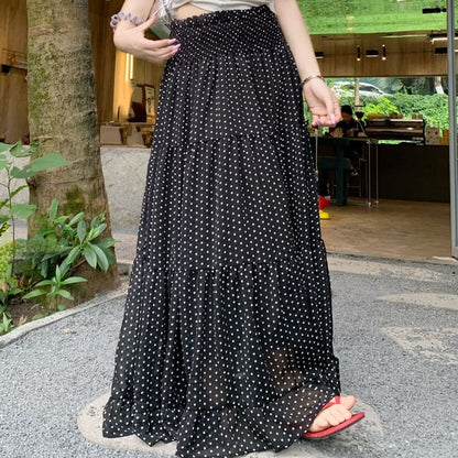 Mid Rise Dotted Ruched Maxi A-Line Skirt