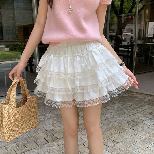 Elastic Waist Plain Lace Trim Mini A-Line Tiered Skirt