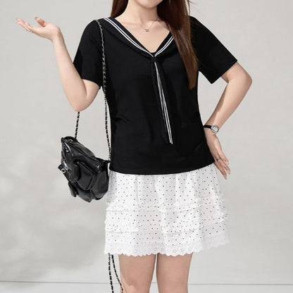 Tie-Neck Tee and Ruffled Mini Skirt