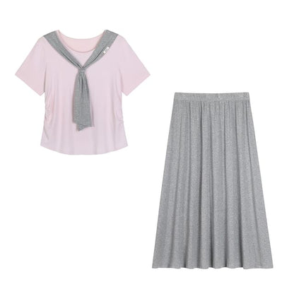 Tie-Neck Tee and Midi A-Line Skirt Set