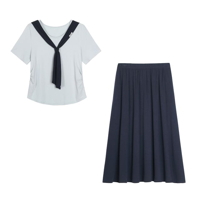 Tie-Neck Tee and Midi A-Line Skirt Set