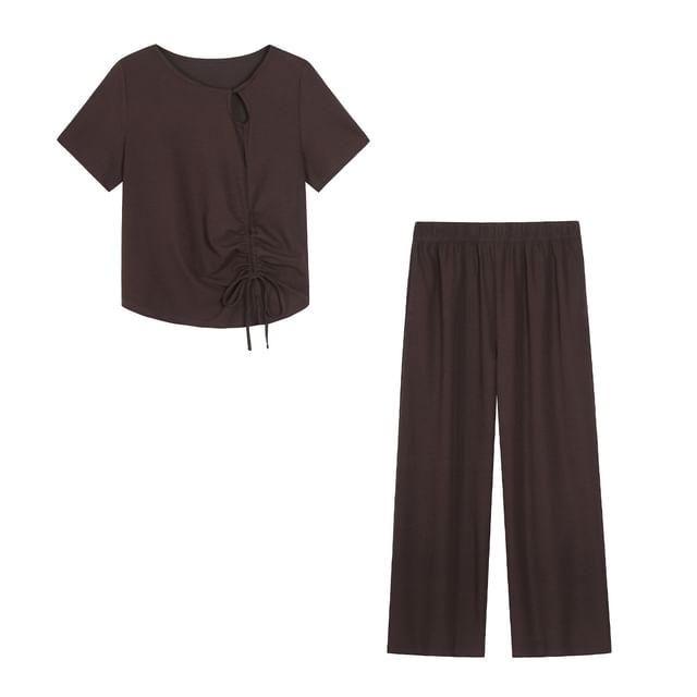 Cutout Drawstring Tee and Wide Leg Pants Set