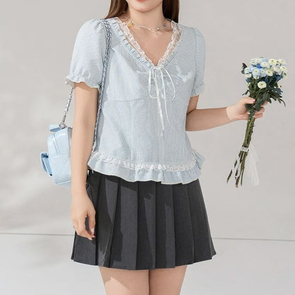 Puff Sleeve Gingham Blouse and Pleated Skirt