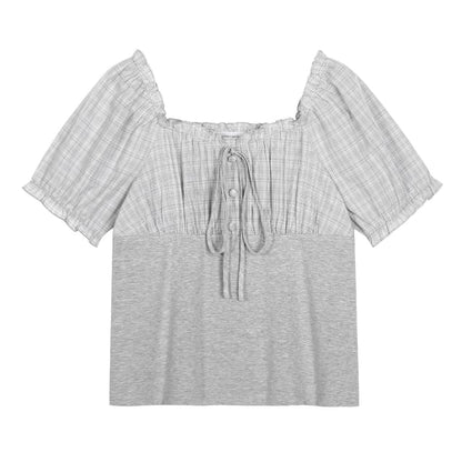 Puff Sleeve Plaid Blouse and Pleated Skirt