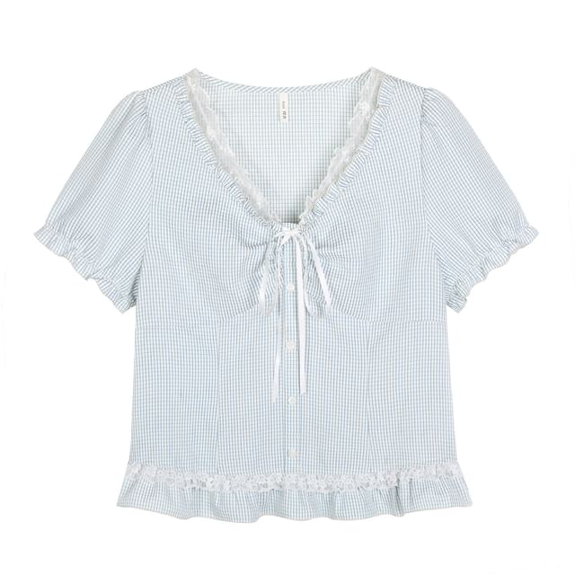 Puff Sleeve Gingham Blouse and Pleated Skirt
