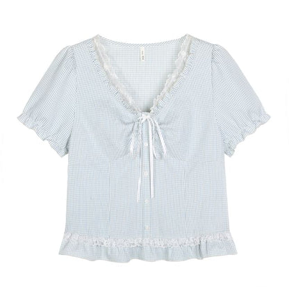 Puff Sleeve Gingham Blouse and Pleated Skirt