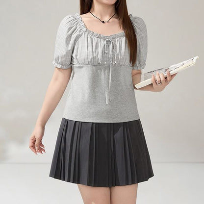 Puff Sleeve Plaid Blouse and Pleated Skirt