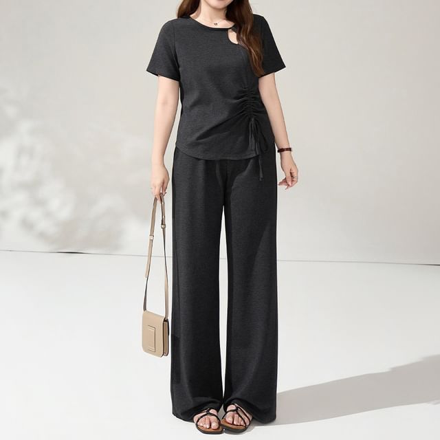 Cutout Drawstring Tee and Wide Leg Pants Set