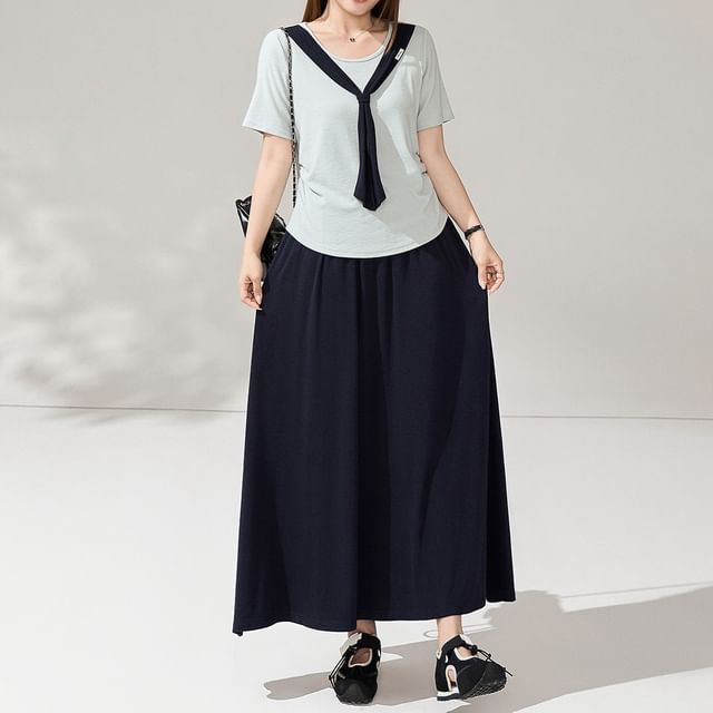 Tie-Neck Tee and Midi A-Line Skirt Set